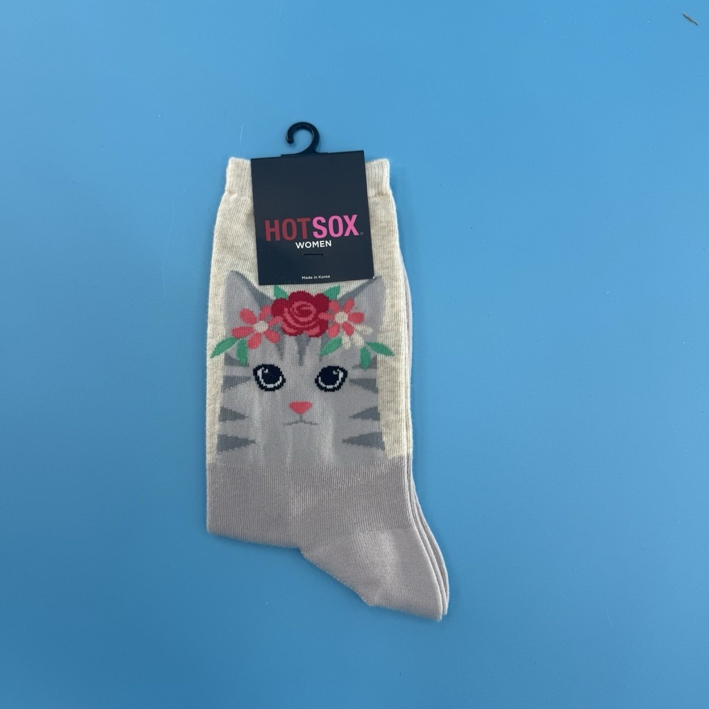 Hot Sox Women Floral Cat Crew Socks Gray Cotton Blend Size 9–11 New
